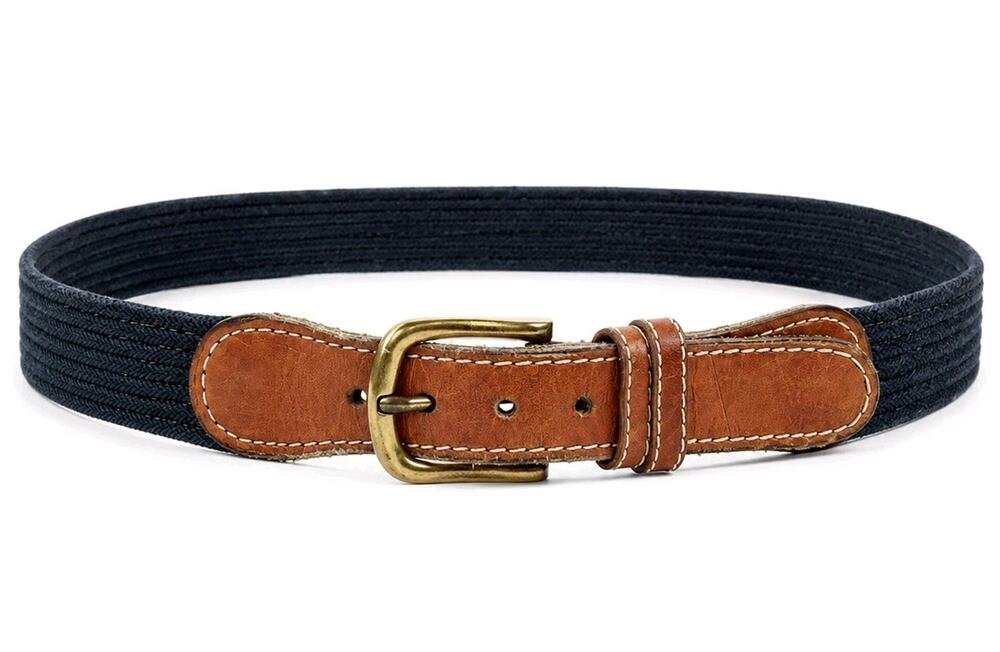 VTG Dooney & Bourke Navy Blue Brown Leather Surcingle Web Belt Womens 30 Preppy
